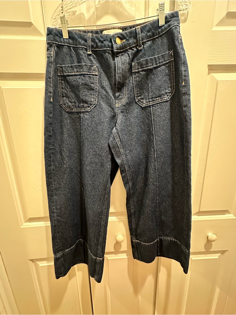 Zara Dark Indigo Cropped Wide-Leg Jeans with Front Patch Pockets nwot